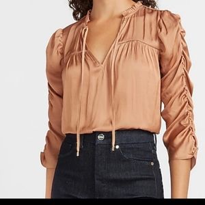 Express satin ruched drawstring v-neck top